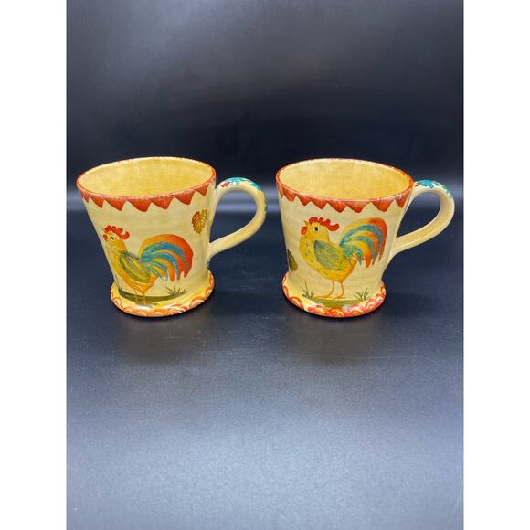 Vintage Italica ARS Pottery Set of 2 Mugs Cups Hand Painted Rooster Italy - Picture 1 of 5